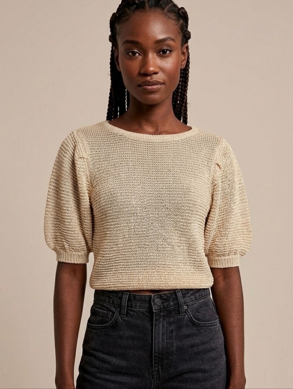 MANGO women Open Back Puff short Sleeve Knit Top Beige Cottagecore Eurosummer